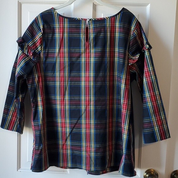 TALBOTS TARTAN PLAID COTTON RUFFLE HOLIDAY COTTAGE BLOUSE SIZE X BLACK RED GREEN - Picture 2 of 7